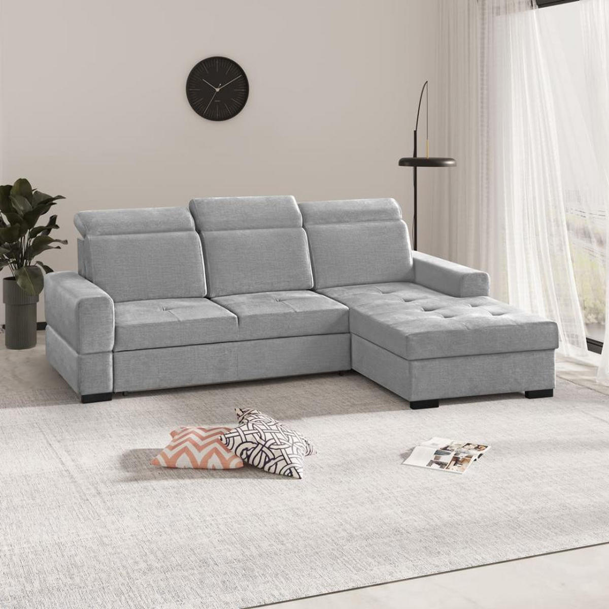 ECKSCHLAFSOFA Alex Mini hellgrau rechts - Hellgrau/Schwarz, Textil (245/185cm) - Beautysofa