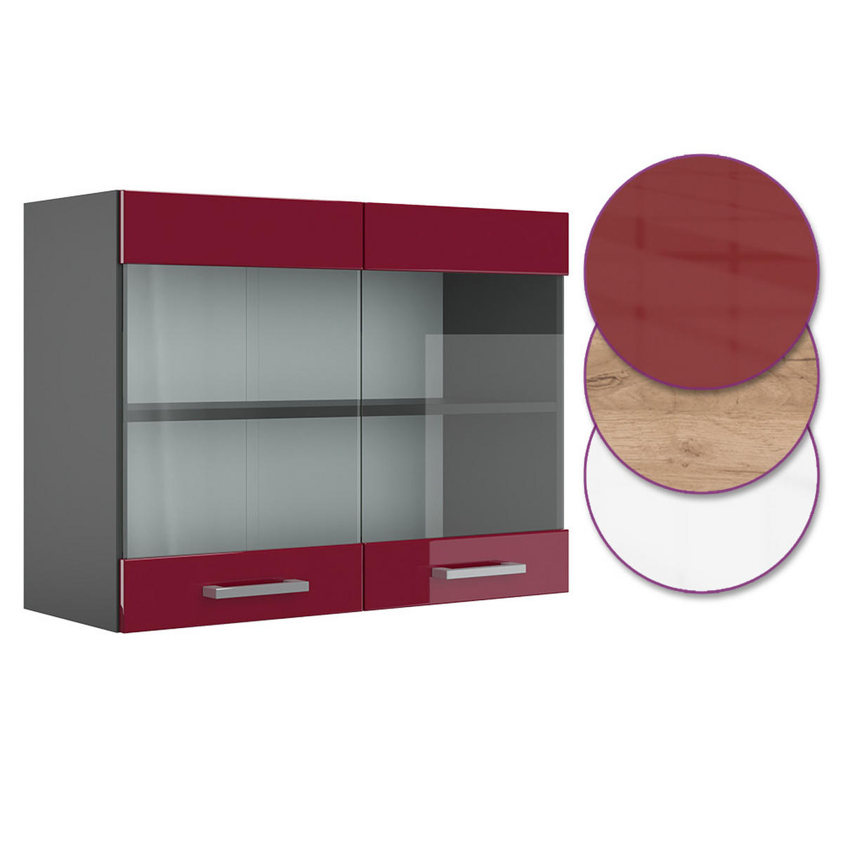 KÜCHENGLASSCHRANK R-Line Rot Hochglanz 80 cm - Bordeaux/Anthrazit, Holzwerkstoff (80/60/31cm) - Vicco