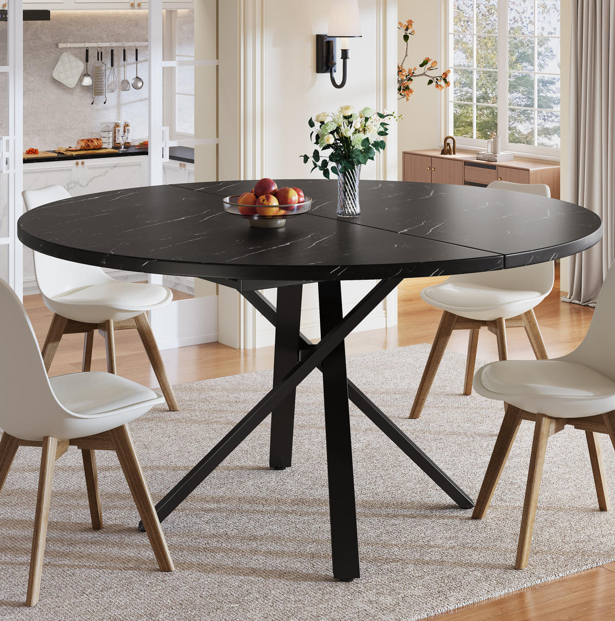ESSTISCH 100/140/100 cm in Schwarz mit Marmoroptik und Ausziehfunktion - Schwarz, Holzwerkstoff (100/140/75.5cm) - Flora Grace