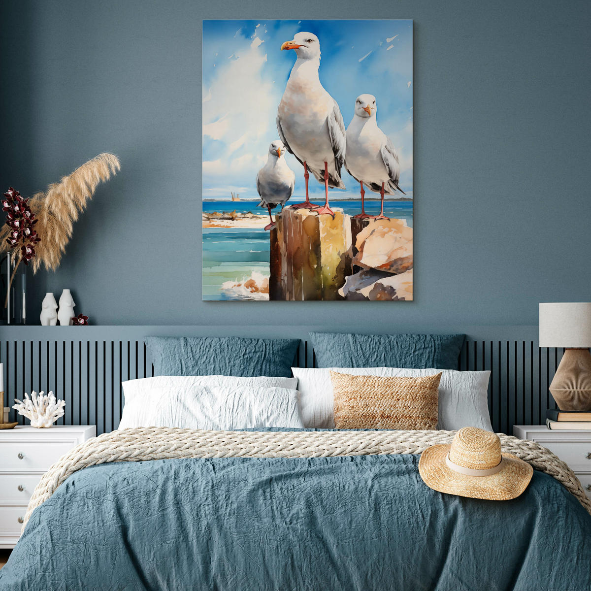 LEINWANDBILD Abstrakte Möwen Vor Dem Meereshintergrund 40x60cm - Blau/Beige, Textil (40/60cm) - Muralo