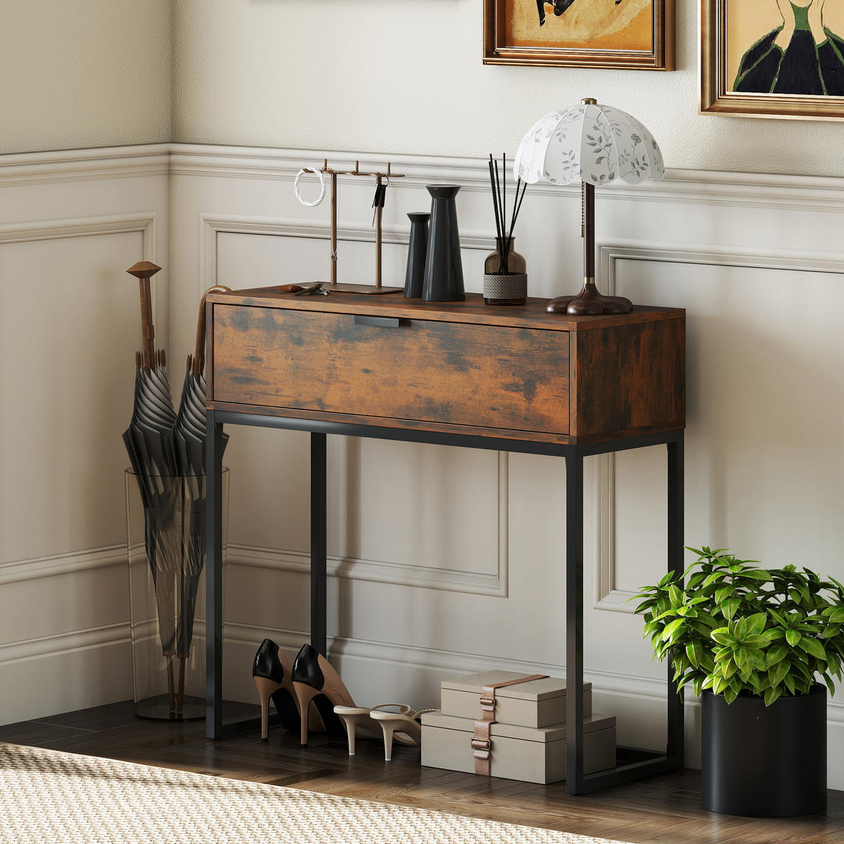 KONSOLENTISCH Flurtisch mit Schublade Stahlrahmen Beistelltisch Rustikal-Braun - Schwarz/Braun, Holzwerkstoff/Metall (80/30/76cm) - HOMCOM