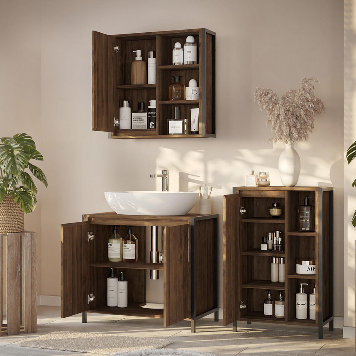 BADMÖBEL-SET Naola Eiche/Schwarz 3 Teile - Eichefarben/Schwarz, Holzwerkstoff (70/65/40cm) - Vicco