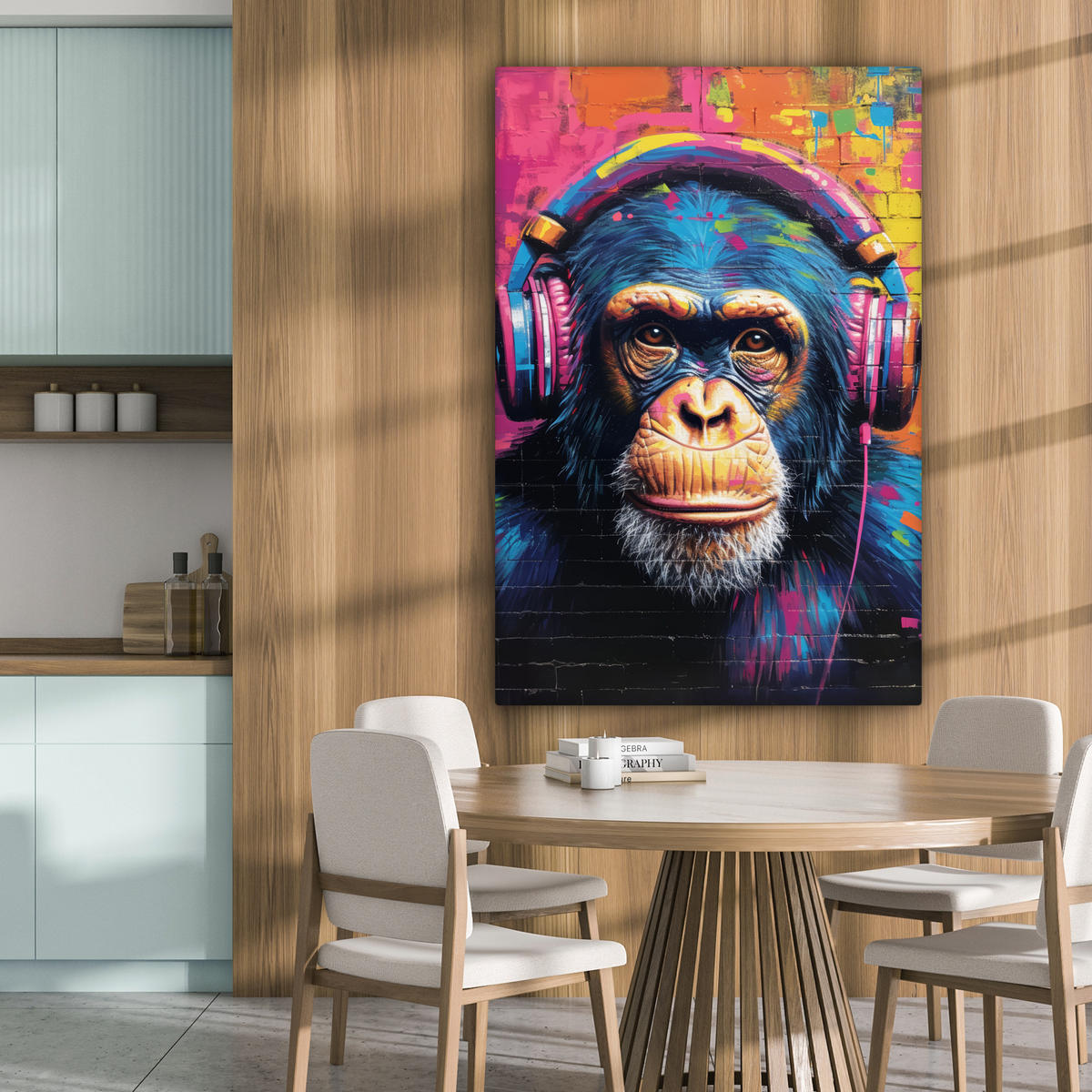 LEINWANDBILD Graffiti - Schimpanse - Straßenkunst - Kopfhörer - Affe 90x140 cm - Blau, Textil (90/140cm) - MuchoWow