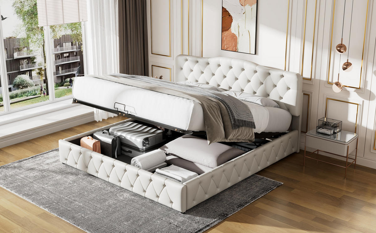 POLSTERBETT 180/200 cm Weiß mit Stauraum und höhenverstellbarem Kopfteil aus PU - Weiß, Kunststoff (180/200cm) - OKWISH