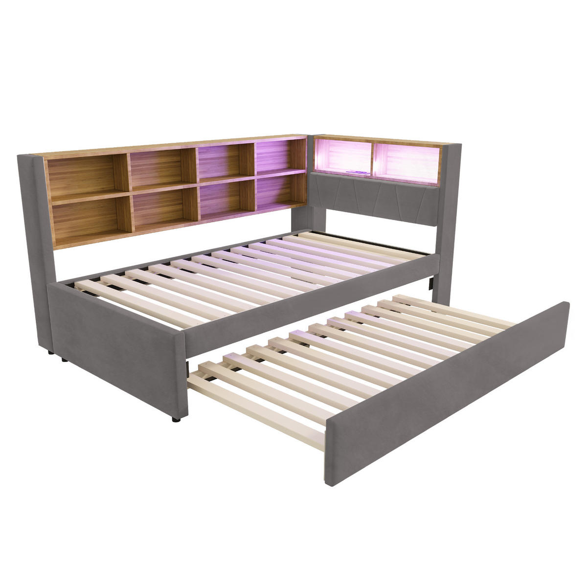 AUSZIEHBETT 90/200 cm und LED-Beleuchtung Dunkelgrau Flanell - Dunkelgrau, Textil (90/200cm) - OKWISH