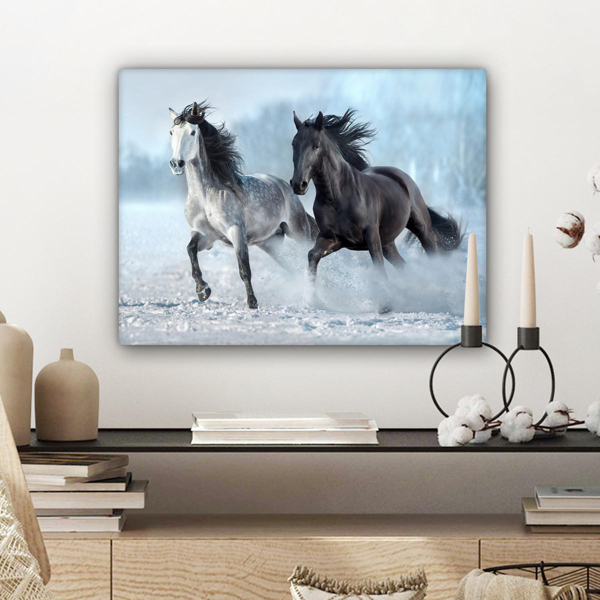 LEINWANDBILD Pferde - Winter - Tiere - Natur - Schnee Wandbild 40x30 cm - Anthrazit, Textil (40/30cm) - MuchoWow