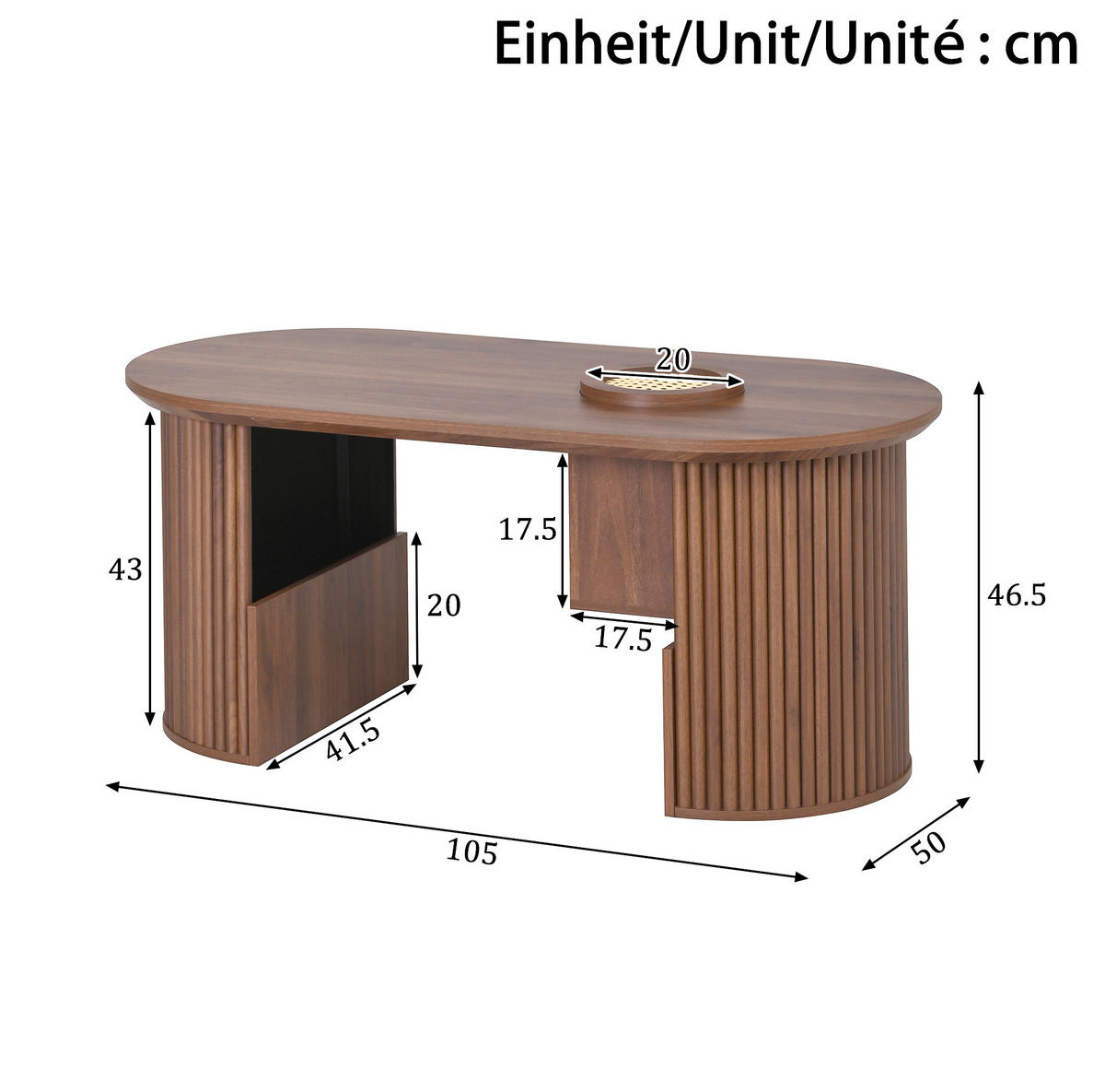 OVÁLNÝ konferenční stolek 105/50/46,5 cm ořechový z MDF s úložným prostorem a zaoblenými hranami - ořechová, kompozitní dřevo (105/50/46.5cm) - OKWISH