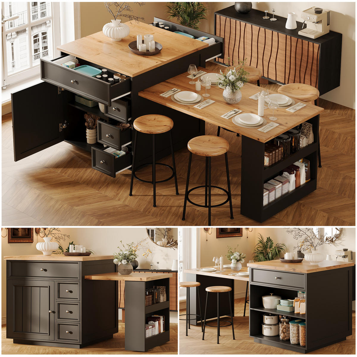 KÜCHENINSEL Ausziehbar mit Schubladen fahrbar mit Rollen für Küche und Essbereich Schwarz MDF 120 bis 184 cm - Schwarz, Holzwerkstoff/Metall (184/94/70cm) - EVRYAE