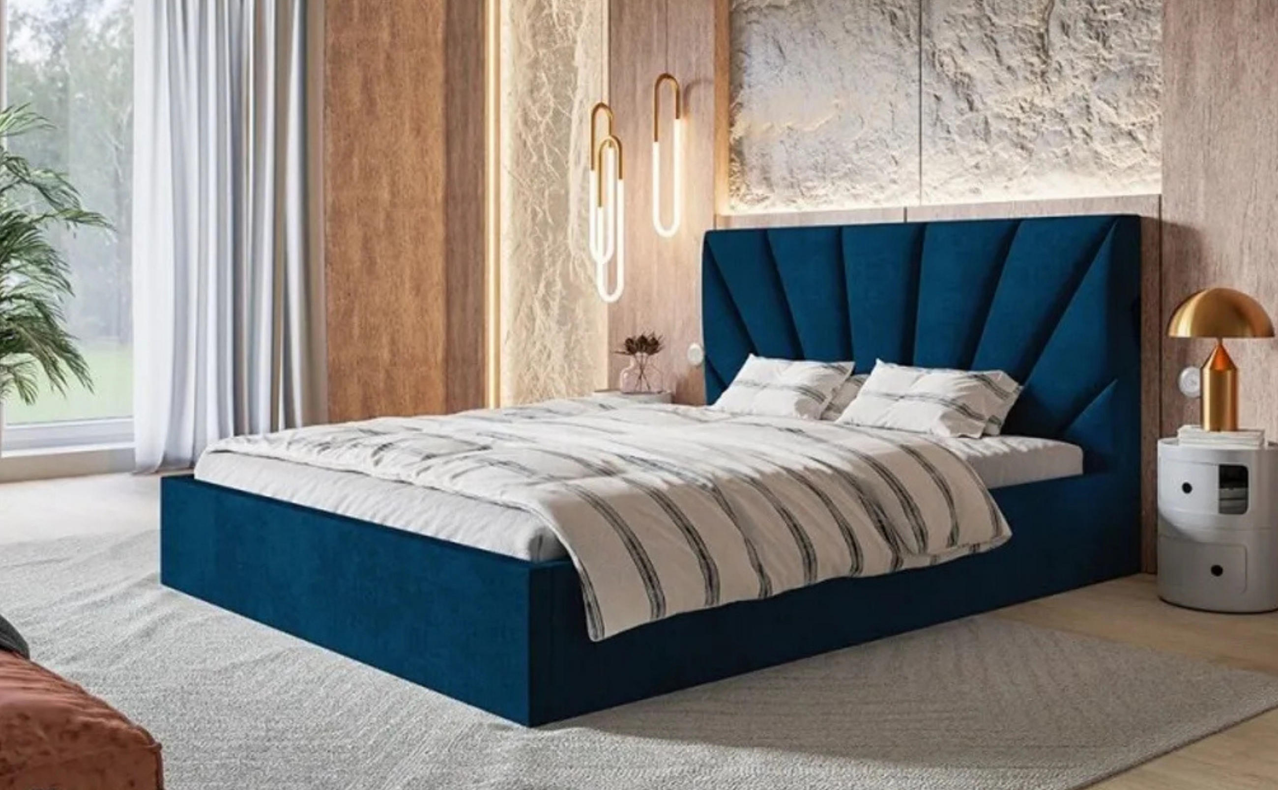POLSTERBETT SLIM 3 mit Kopfteil, 180x200 cm, Doppelbett mit Bettkasten und Lattenrost aus Holz, Velourstoff, Farbe: Blau - Blau, Holz/Textil (180/200cm) - Sepro Meble