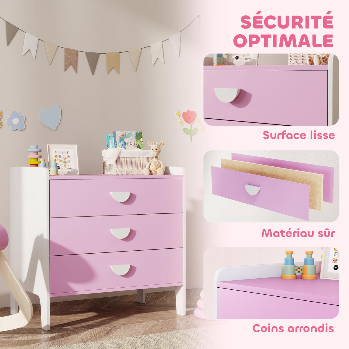 KINDERKOMMODE DE-17255 3 Schubladen Rosa - Pink, Holzwerkstoff (40/60/60cm) - ComfortXL