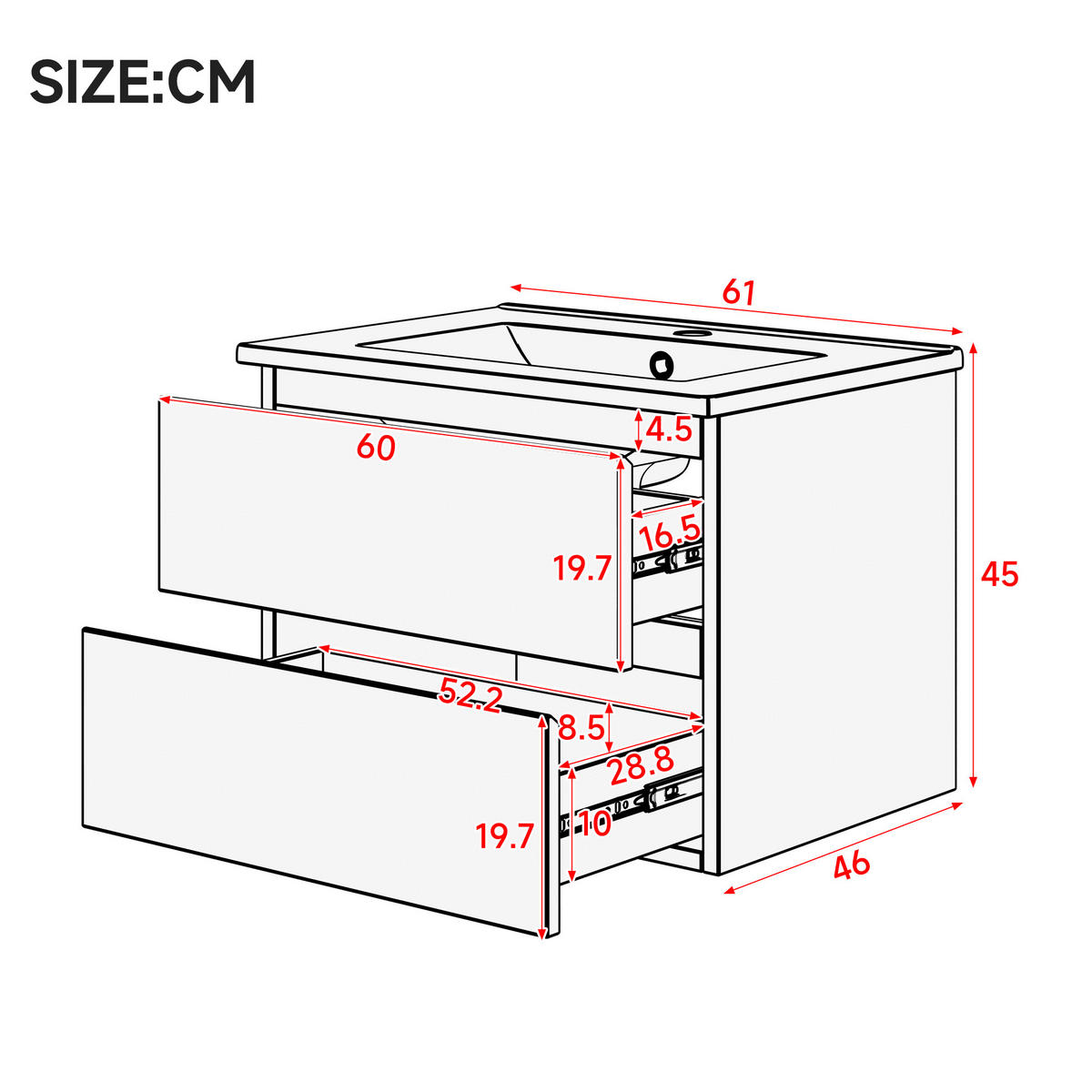 WANDHÄNGENDER 61x46x45 cm Weiß aus Keramik & Spanplatte mit Radarsensor-LED & 2 Schubladen - Weiß, Holzwerkstoff (61/45/46cm) - Modfu