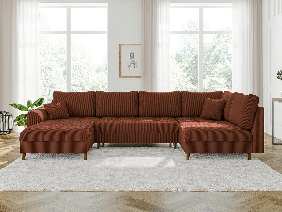 WOHNLANDSCHAFT inkl. Hocker Alma Terrakotta Cord - Terra cotta/Braun, Holz/Textil (310/81/161cm) - S-Style Möbel