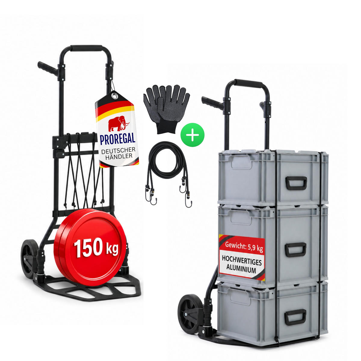 SACKKARRE Elephant klappbar 115x50x53cm Traglast 150kg AluminiumrahmenTRR Fachgummiräder Schwarz - Schwarz, Metall (53/50/115cm) - PROREGAL