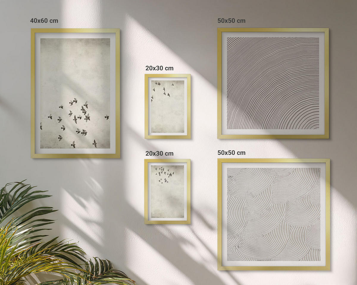 WANDBILDER 5er Set - 50x50 cm & 20x30 cm & 40x60 cm Goldrahmen - Minimalistische Vogelmalerei - Goldfarben, Kunststoff (40/60cm) - ArtPrintCave