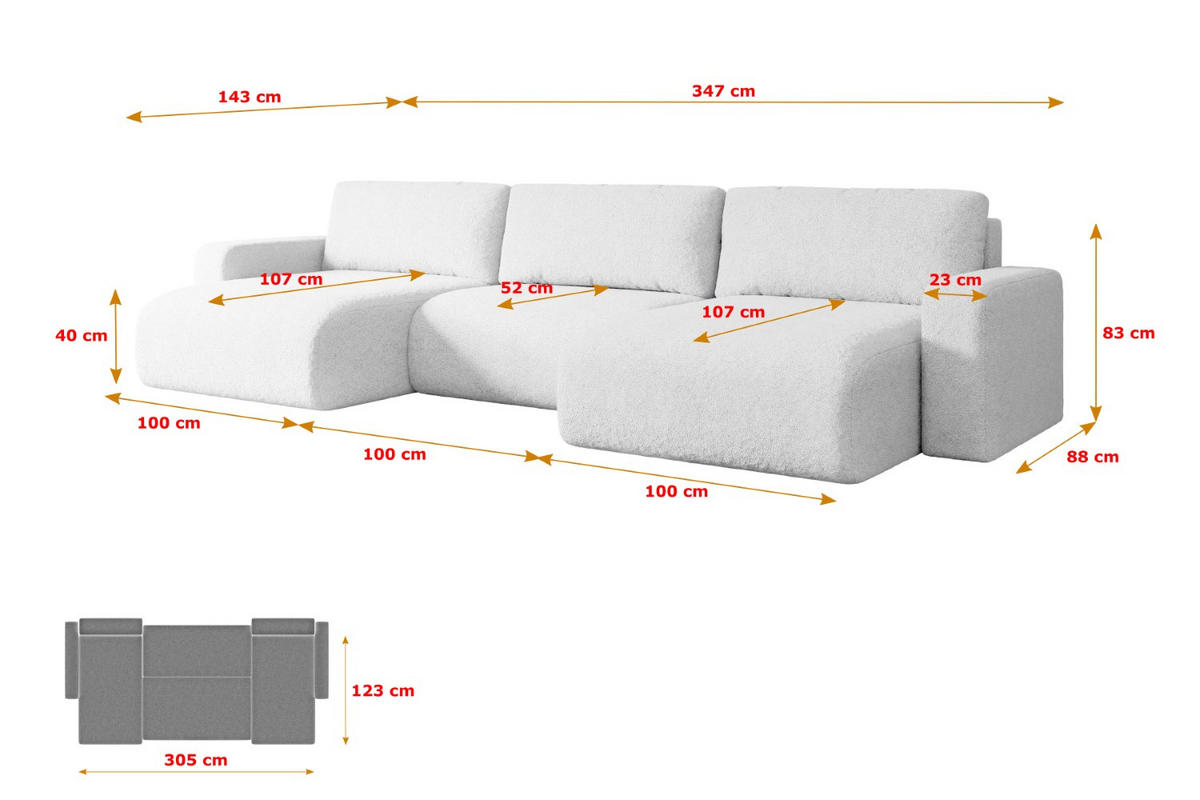 WOHNLANDSCHAFT mit Schlaffunktion und Bettkasten KLEEA-U - 347x143x83 cm Weiß Bouclé - Schwarz/Weiß, Holzwerkstoff/Kunststoff (347/83/143cm) - ALTDECOR