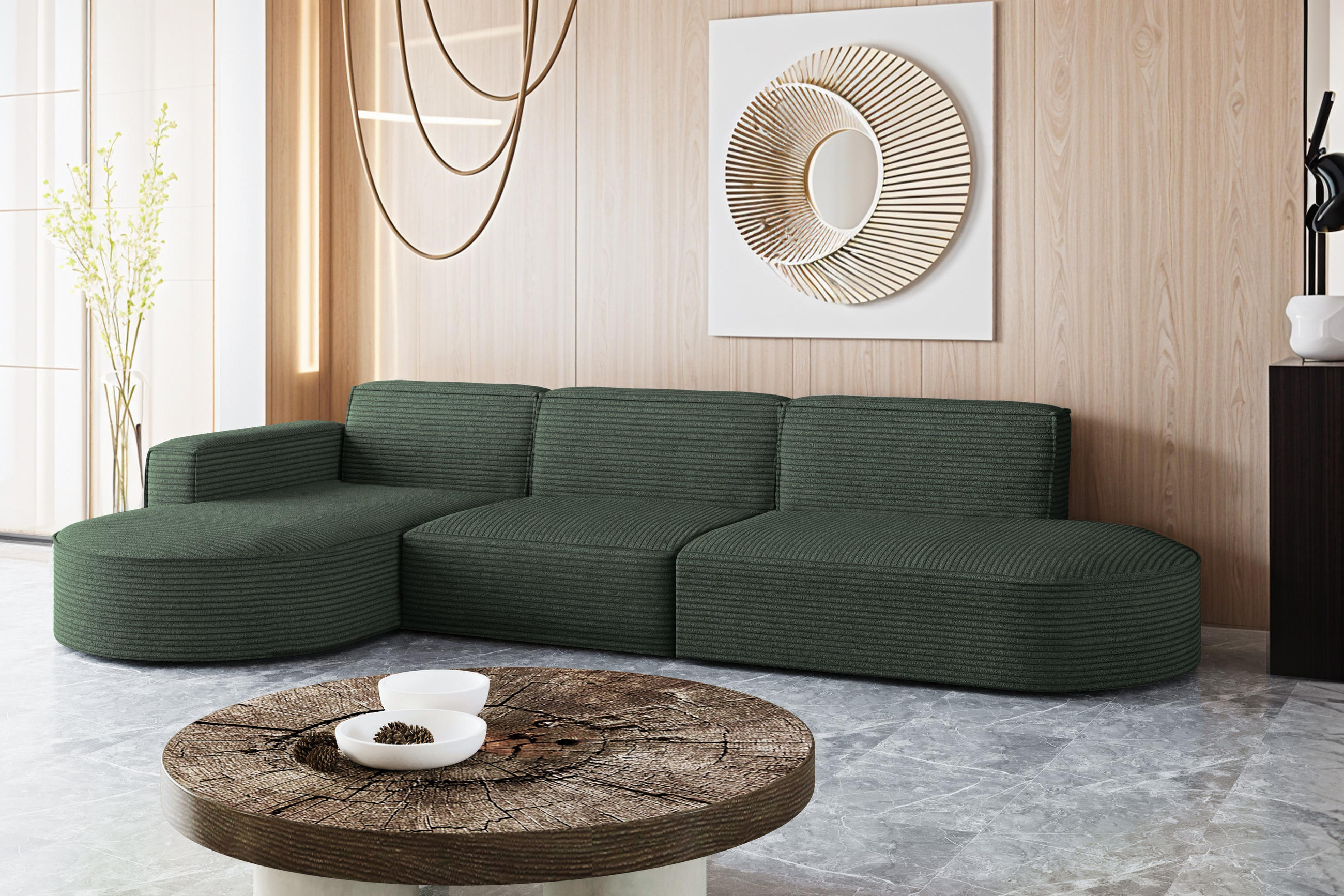 ECKSOFA Designer, Sofa L form MODENA 302 cm stoff Poso Grün Links - Grün, Holz (302/296cm) - Kaiser Möbel