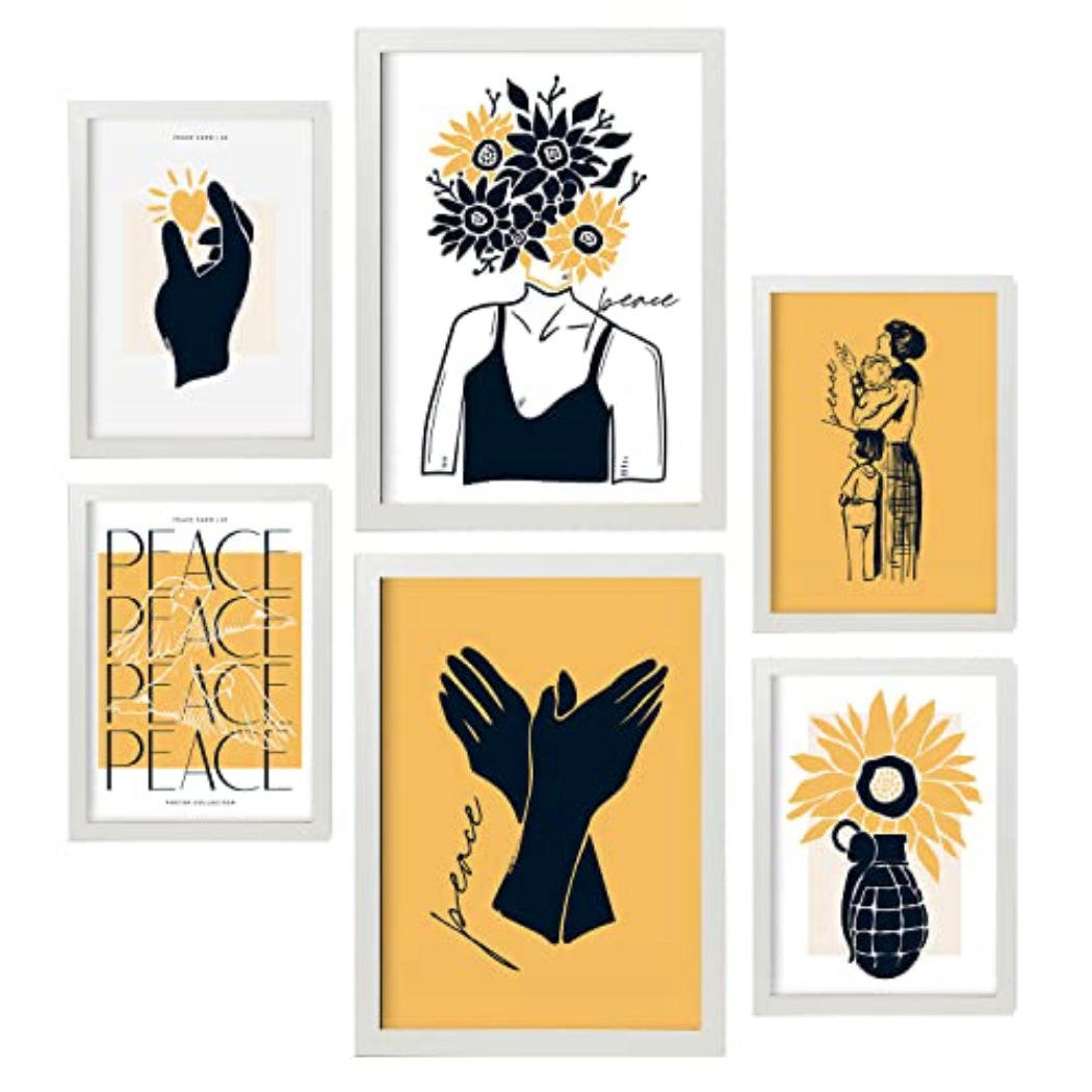 POSTER Set Mit 6 In Schwarzer Tinte Liebe Machen, Nicht Krieg Kunstdrucke Von Meer Und Ozean Für Innenarchitektur A3 & A4 Weißer Rahmen - Weiß, Papier (29/3cm) - Nacnic