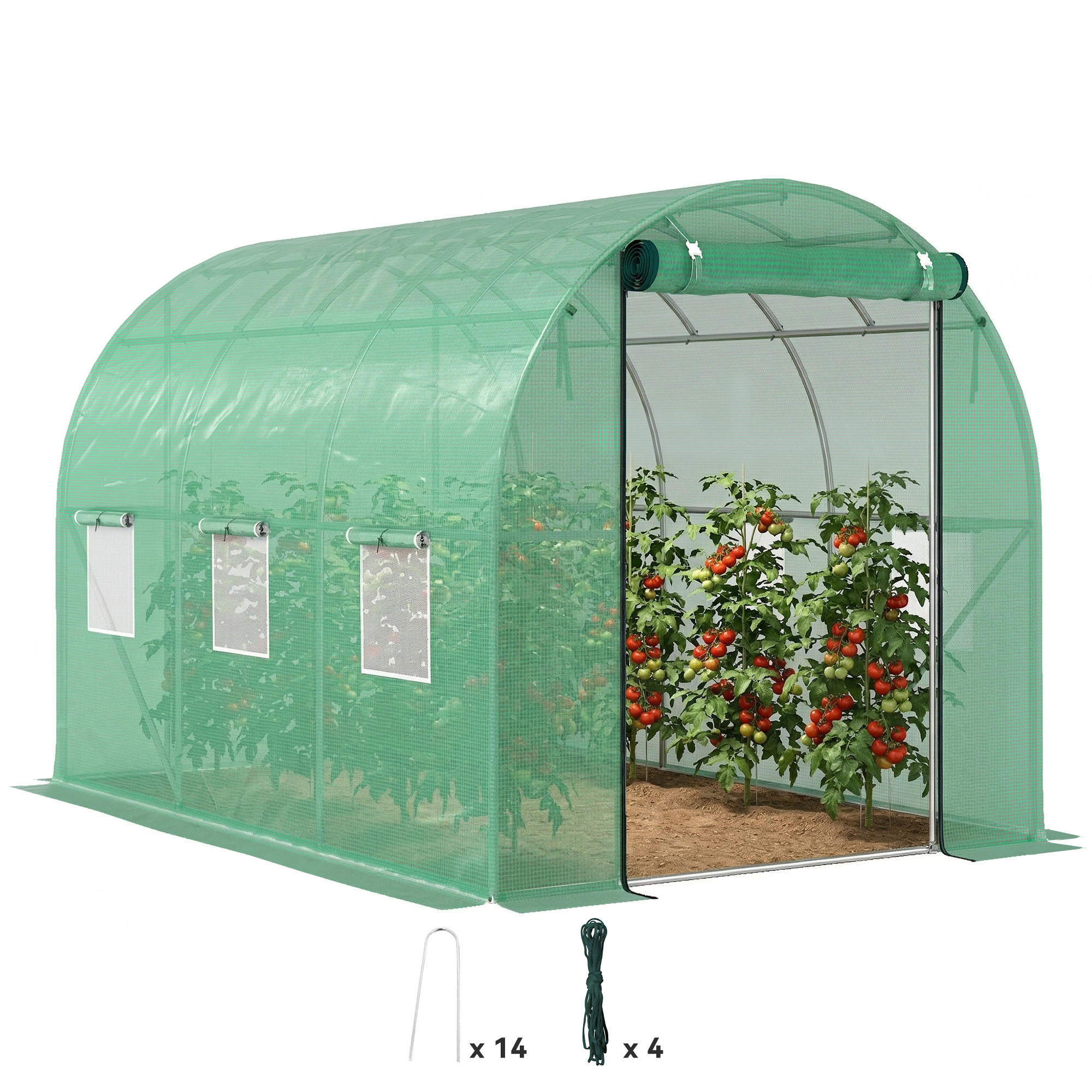 POLYTUNNEL-GEWÄCHSHAUS DE-05724 Begehbar mit Rolltüren, Stahlrahmen Grün - Grün, Kunststoff/Metall (200/195/300cm) - ComfortXL
