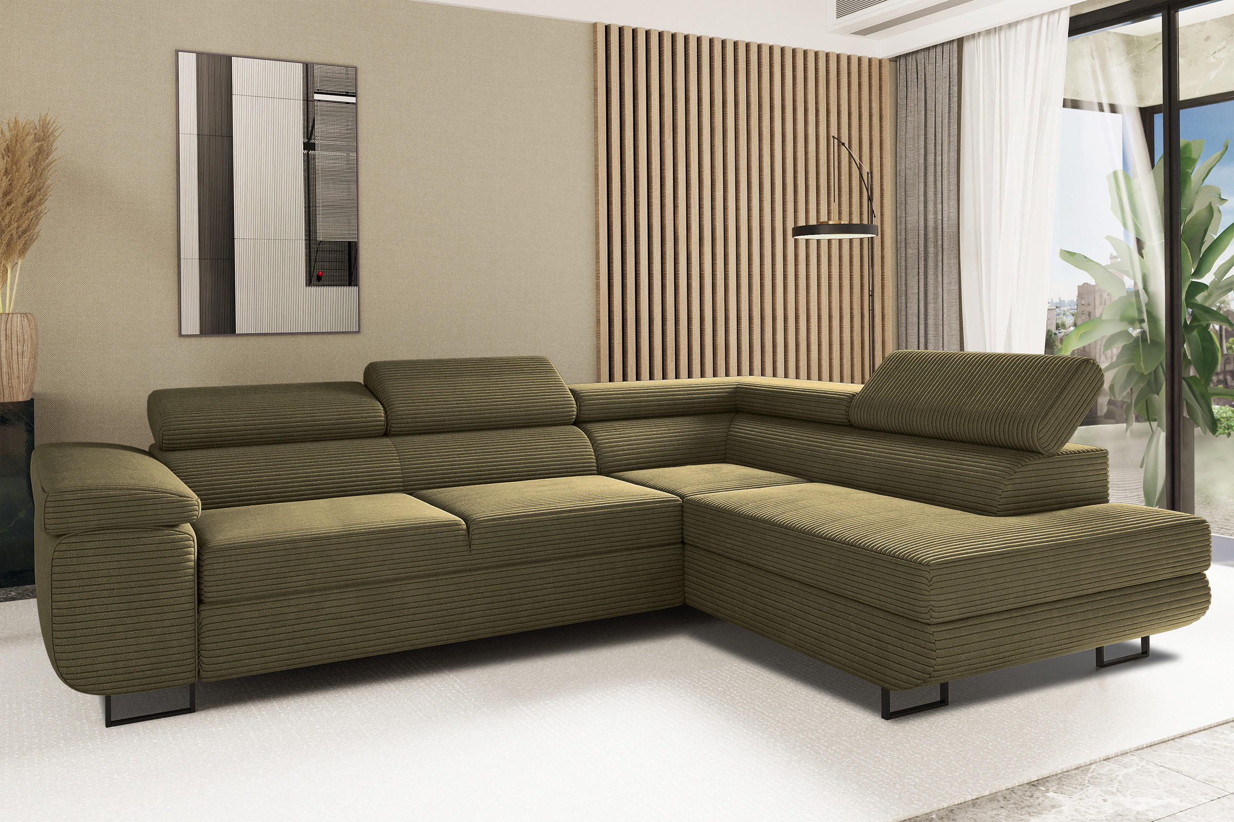 ECKSOFA ATOMIC Mit Schlaffunktion, Stoff Poso, Olive, Rechts - Olivgrün, Holz (277/203cm) - Kaiser Möbel