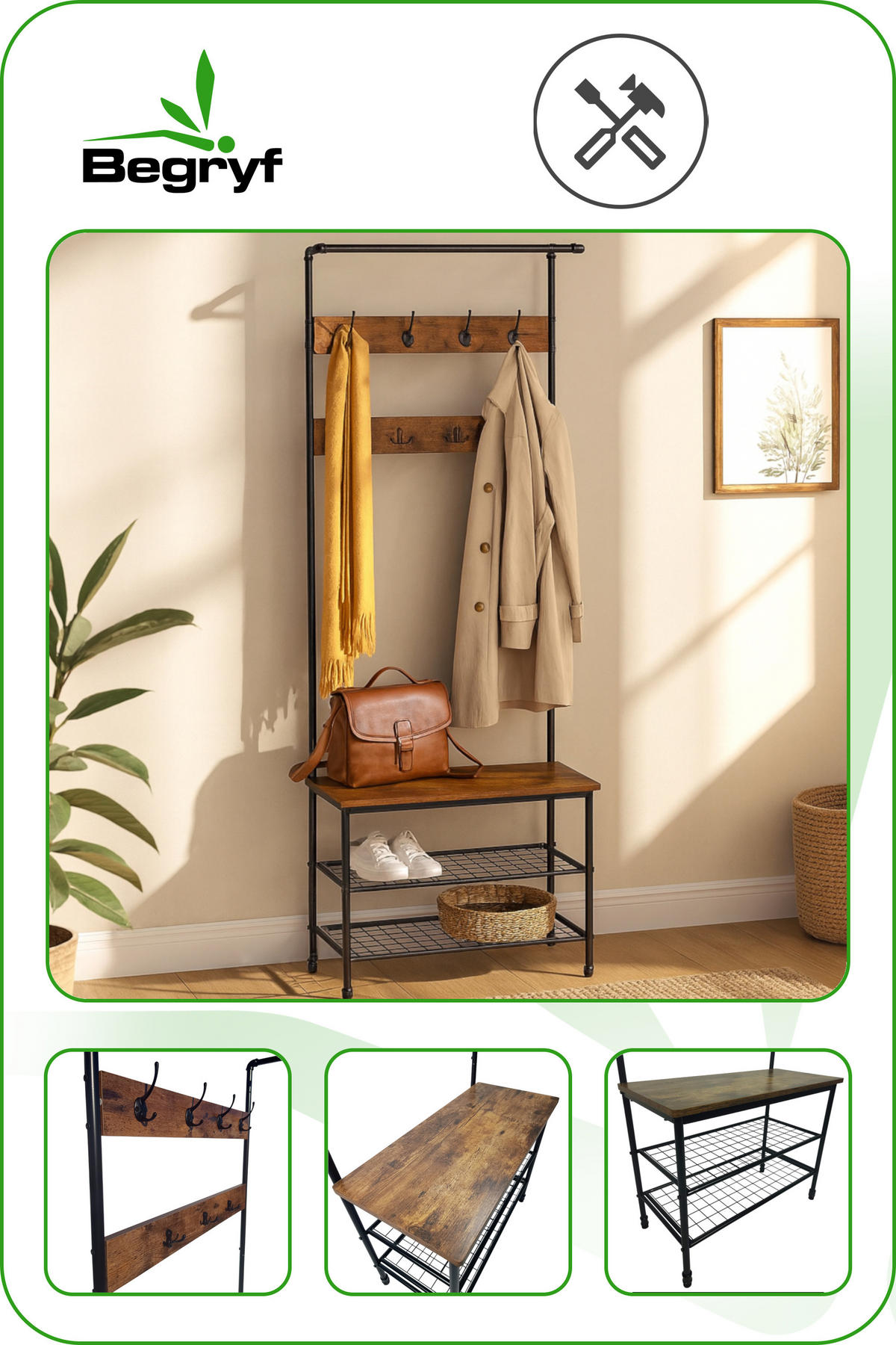 GARDEROBENSTÄNDER Metall Holzoptik Dunkelbraun Schwarz mit Bank 66×32×186 cm - Dunkelbraun/Schwarz, Holzwerkstoff/Metall (66/186/32.5cm) - Begryf