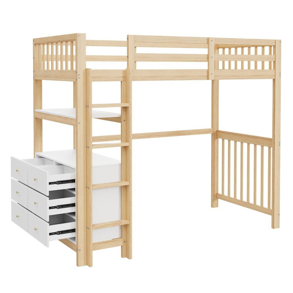 HOCHBETT 90 x 200cm mit Schubladen und Regale in Holzfarbe + Weiß - Naturfarben, Holz (90/200cm) - KOMHTOM