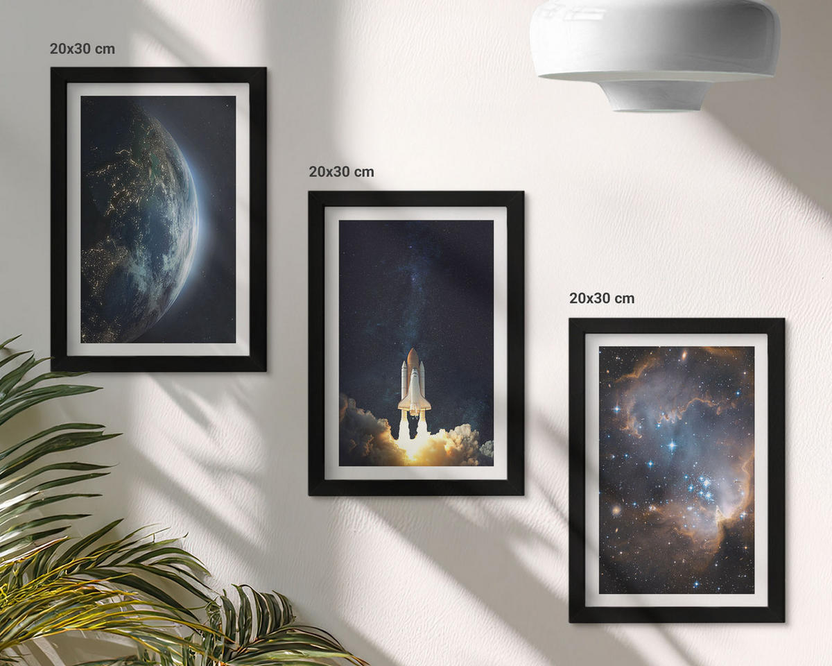 BILDER SET 3er Set - 20x30 cm Schwarzer Rahmen - Weltraum Erde Rakete Galaxie - Schwarz, Kunststoff (20/30cm) - TULUP
