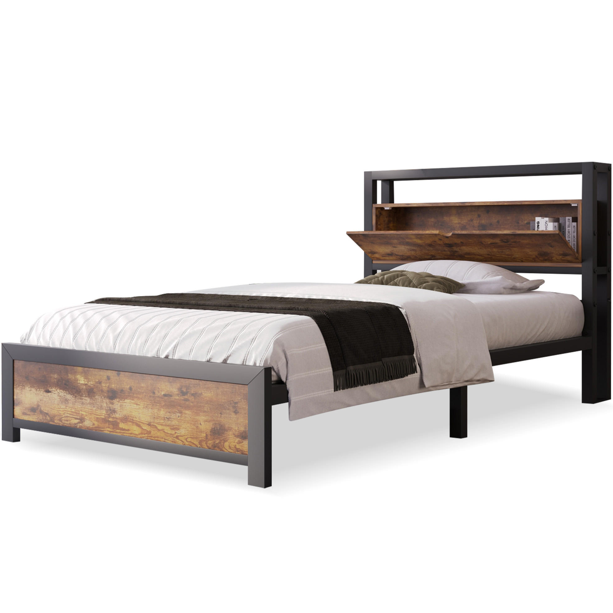 JUGENDBETT 90/200 cm aus Metall und Holzwerkstoff mit Stauraum-Kopfteil Natur/Schwarz - Naturfarben, Metall (90/200cm) - Modenvie