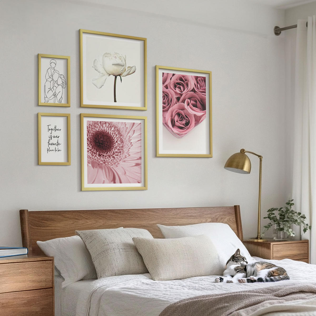 WANDBILDER 5er Set - 50x50 cm & 20x30 cm & 40x60 cm Goldrahmen - Rosensträuße als Familienzeichnung - Goldfarben, Kunststoff (40/60cm) - ArtPrintCave