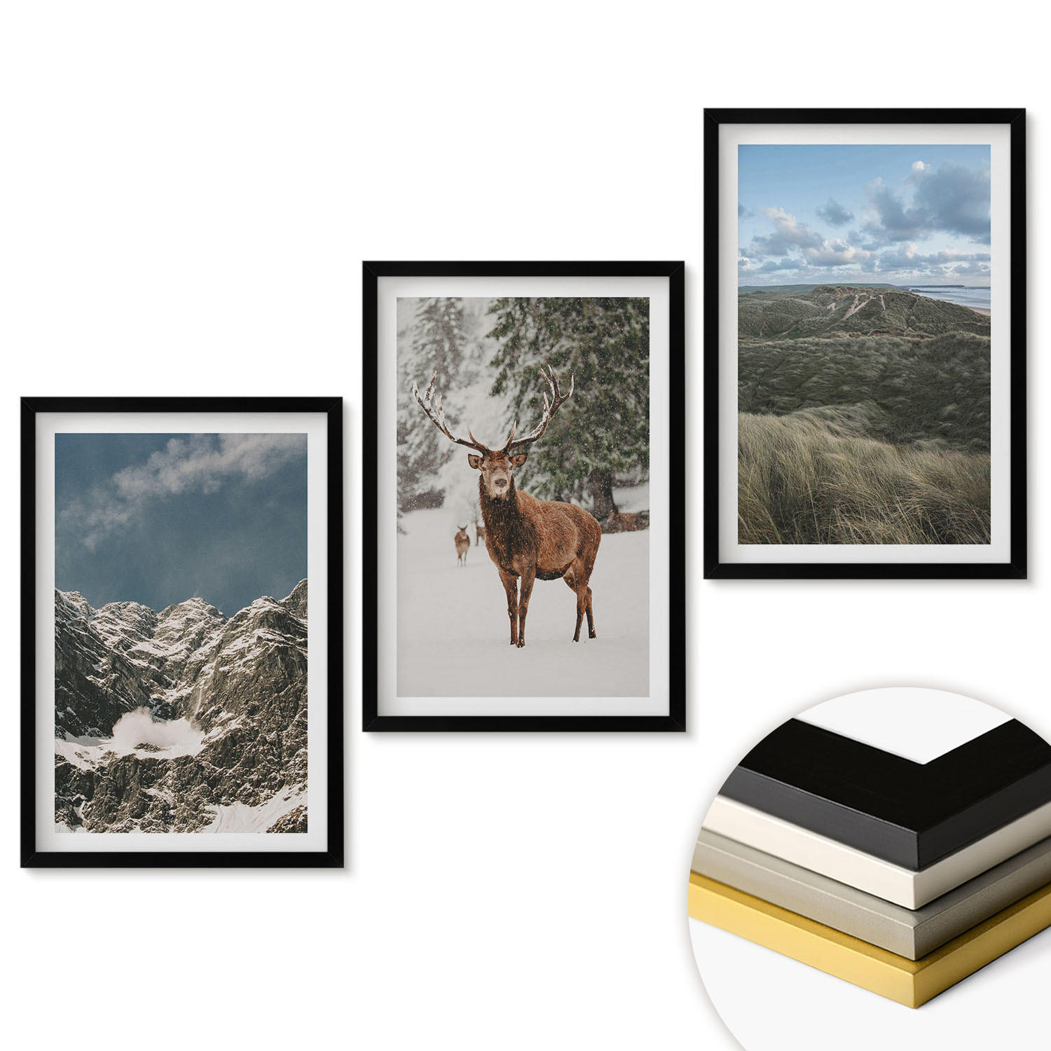 WANDBILDER 3er-Set - 40x60 cm Schwarzer Rahmen - Berge, Schnee, Hirsche, Waldlandschaft - Schwarz, Kunststoff (40/60cm) - ArtPrintCave