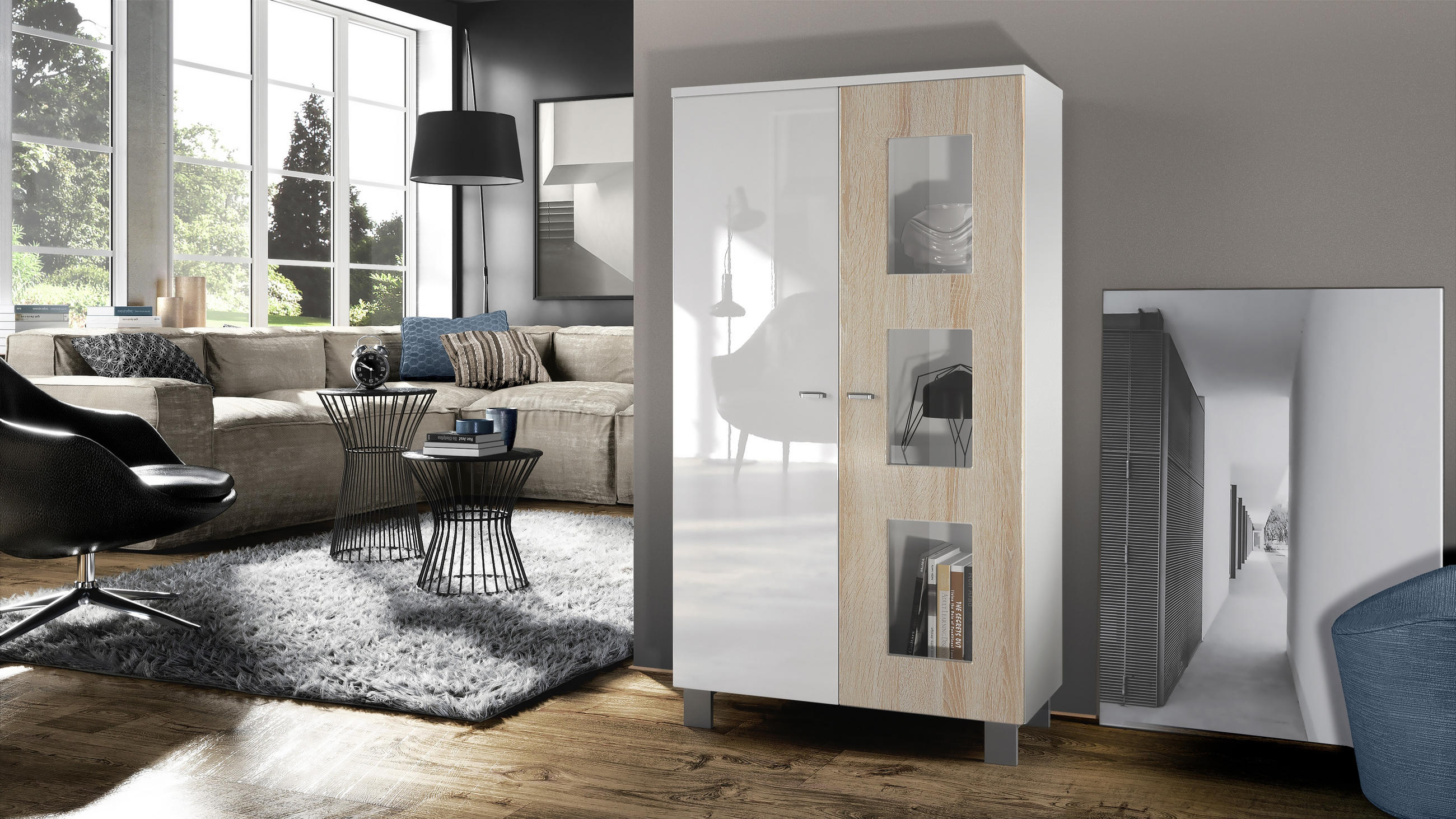 VITRINE Denjo Tür in Eiche sägerau - Eiche San Remo, Holzwerkstoff (71/129/35cm) - Vladon