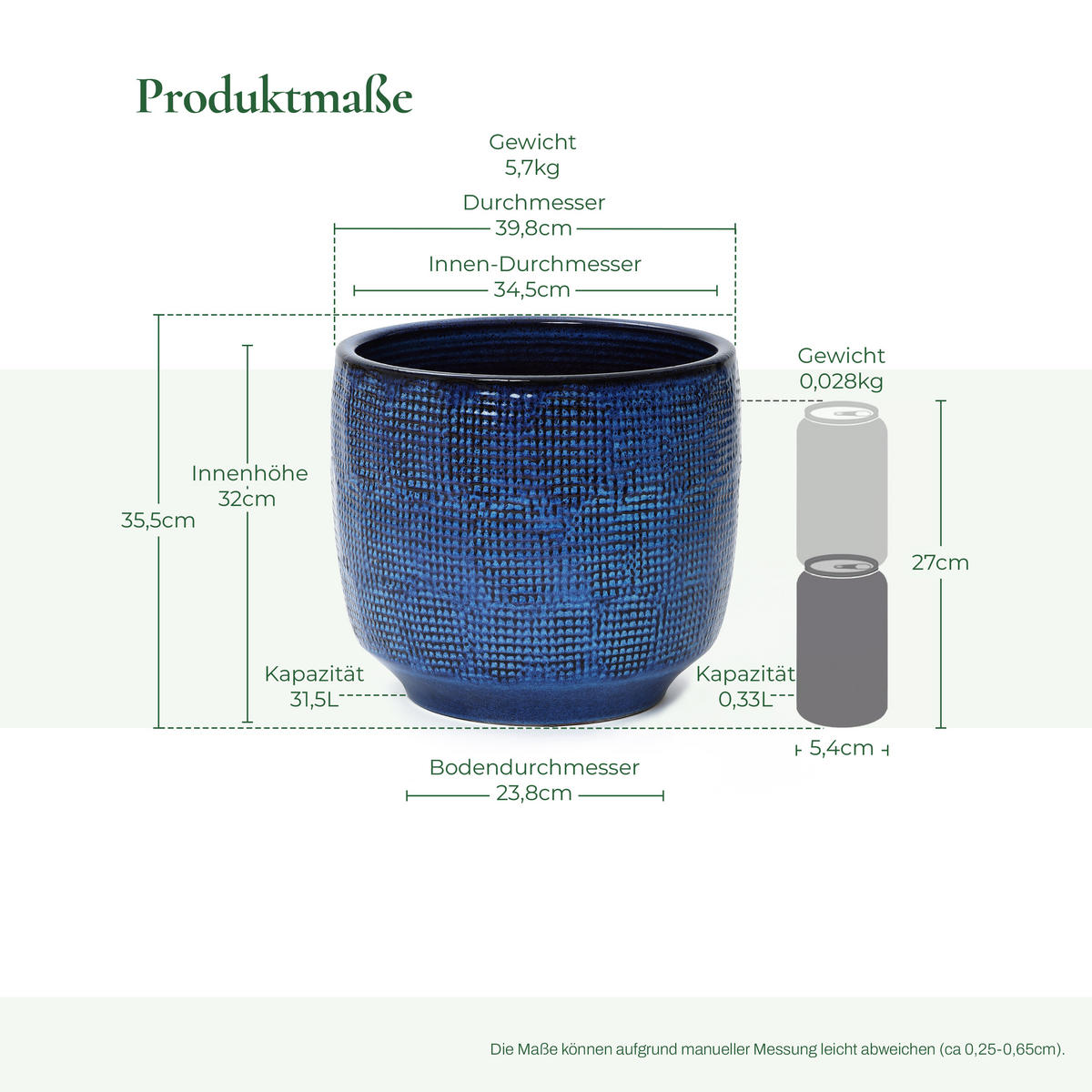 KERAMIK Blumentopf Groß, Round Übertöpfe Blau Ø40xH34 cm - Blau, Keramik (34cm) - Hometopia