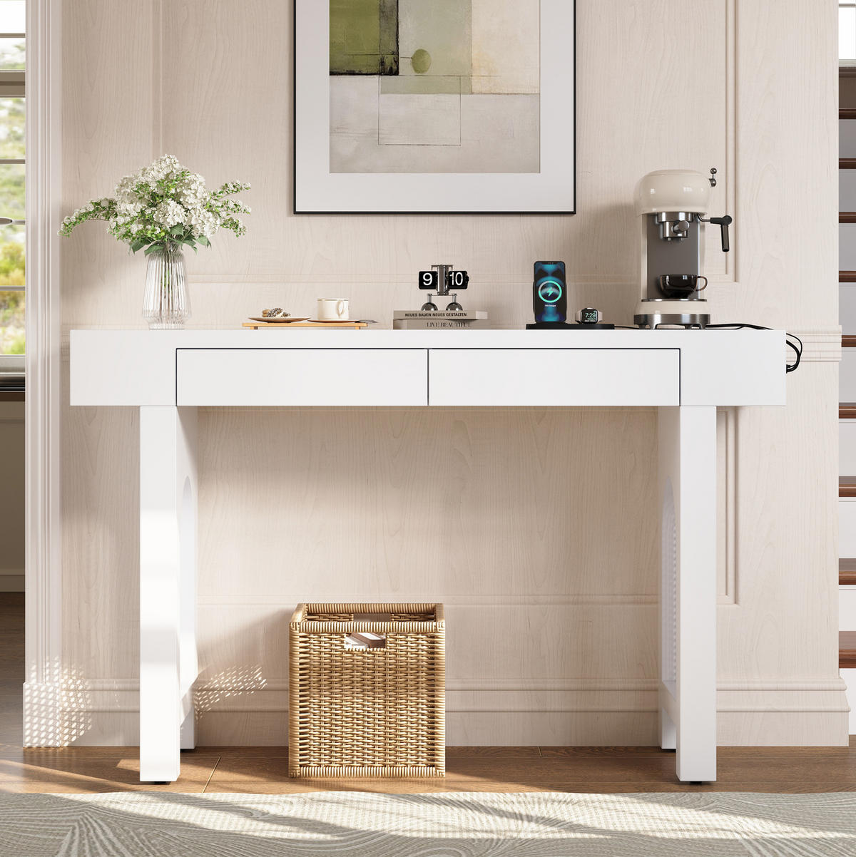 KONZOLOVÝ stolek z MDF 120x35,5x76,5 cm bílý se 2 zásuvkami, USB, Type-C a nastavitelnými nožkami - bílá, kompozitní dřevo (35.5/120/76.5cm) - Modfu