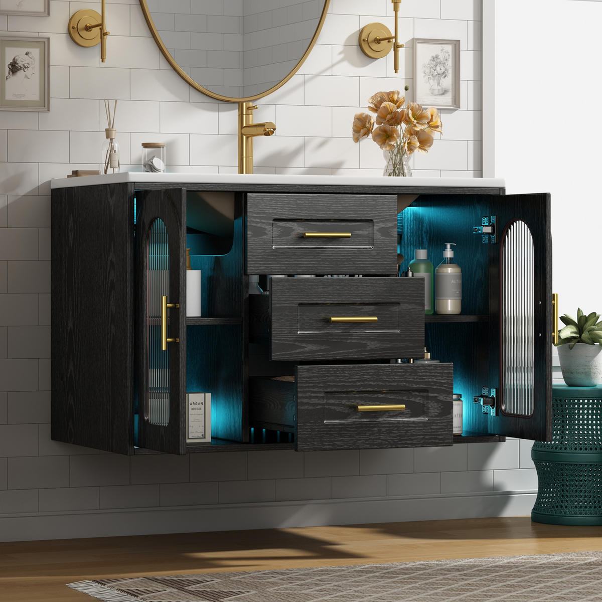 BADEZIMMERSCHRANK Wandmontiert Waschbecken LED Glasfront Schwarz 76cm - Schwarz, Glas (76/55/46cm) - FLIEKS