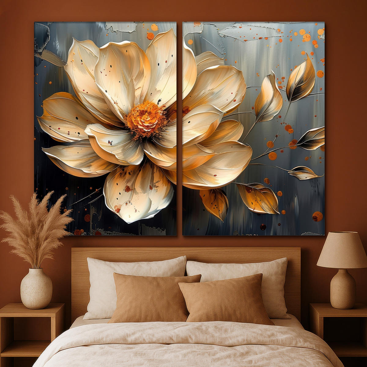 LEINWANDBILD 2er Set Blume - Gold - Abstrakt - Farbe 240x180 cm - Creme, Textil (240/180cm) - MuchoWow