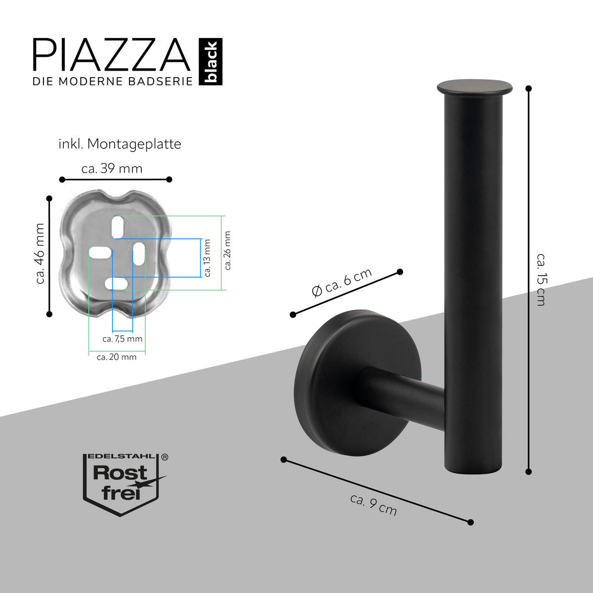 TOILETTENPAPIERHALTER PIAZZA BLACK 2in1, Edelstahl, schwarz - Schwarz, Metall (6/15/9cm) - bremermann