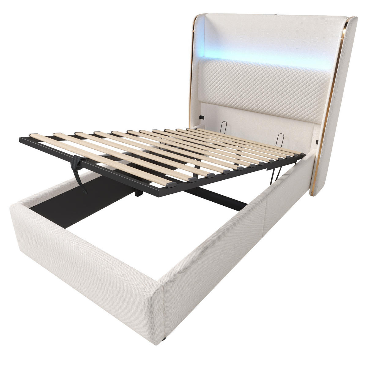 POLNJENA postelja iz lanu 90x200 cm bež z visokim vzglavjem, LED osvetlitvijo, USB/Type-C priključkom in hidravličnim predalom - bež, tekstil (90/200cm) - Modfu