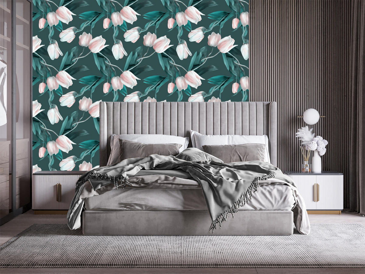 VLIESTAPETE Tulpen in 3D-Optik – Rosa, Petrol – 50x1000 cm - Petrol/Rosa, Papier (50/1000cm) - Muralo