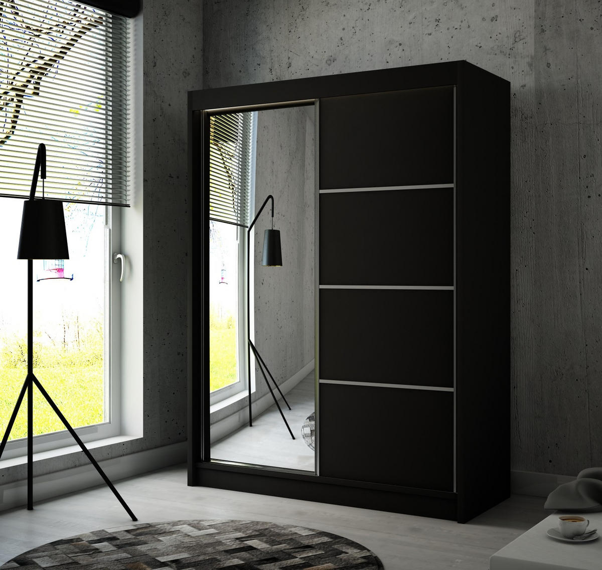 SCHRANK Schwarz PAKO Schiebetür Mit Spiegel 120 cm - Schwarz, Holzwerkstoff (120/215/61cm) - Sepro Meble