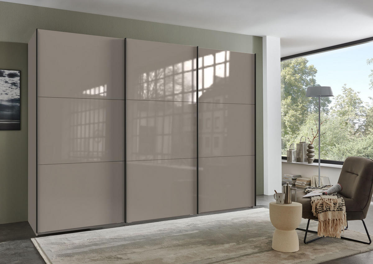 SCHWEBETÜRENSCHRANK 3-türig B300/H216/T65 cm in Sand Grau mit Glasfront inkl. Vollausstattung / 22037 - Sandfarben/Schwarz, Holzwerkstoff/Metall (300/216/65cm) - luma-home
