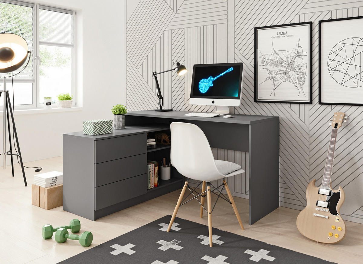 SCHREIBTISCH KAJA 138 cm Graphit - mit Seitenmodul, 3 Schubladen und 2 Fächern - Graphitfarben, Holz/Holzwerkstoff (110/138/76cm) - Ravio