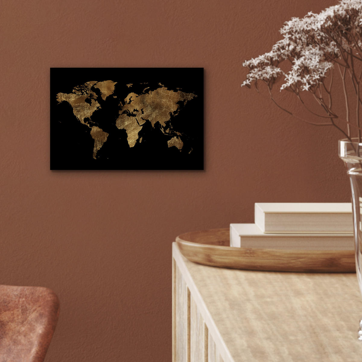 KOVOVÝ OBRAZ Mapa sveta - Zlato - Luxus - Zem - Čierna 30x20 cm - zlatá, kov (30/20cm) - MuchoWow
