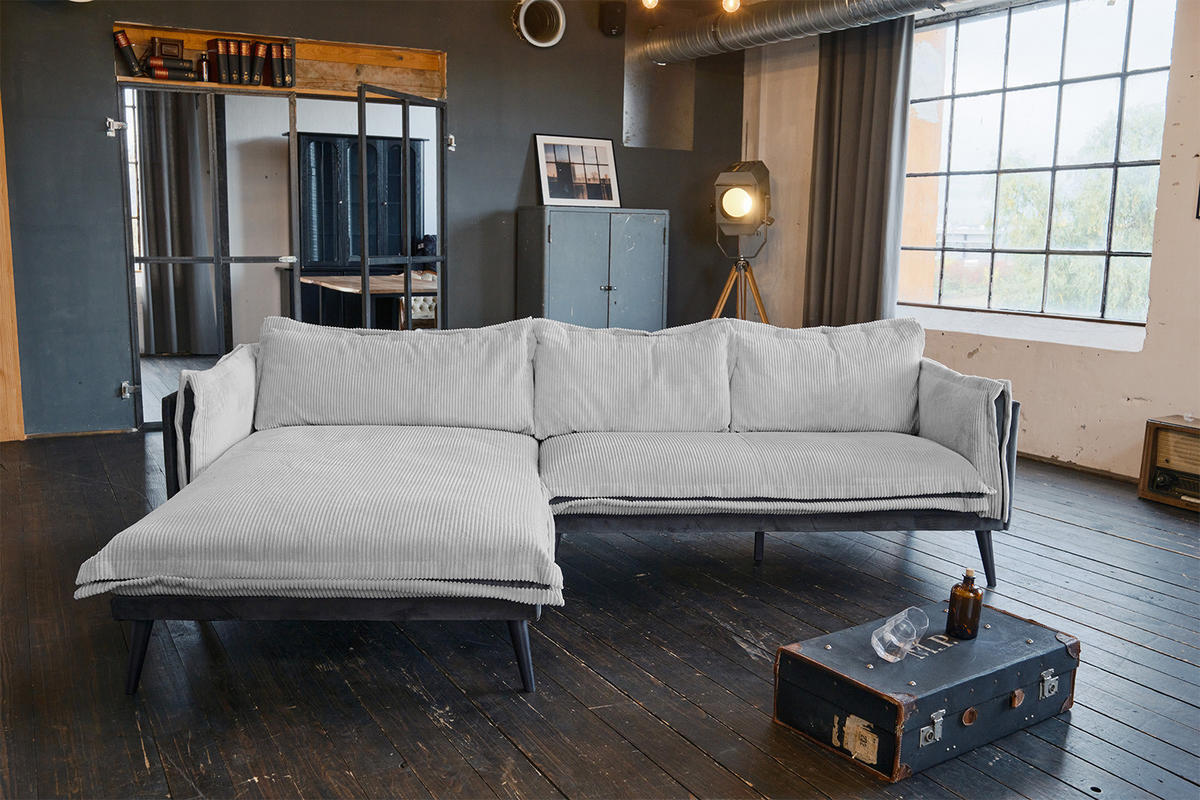 ECKSOFA QUENYA Hellgrau Velvet - Hellgrau/Schwarz, Textil (294/184cm) - KAWOLA