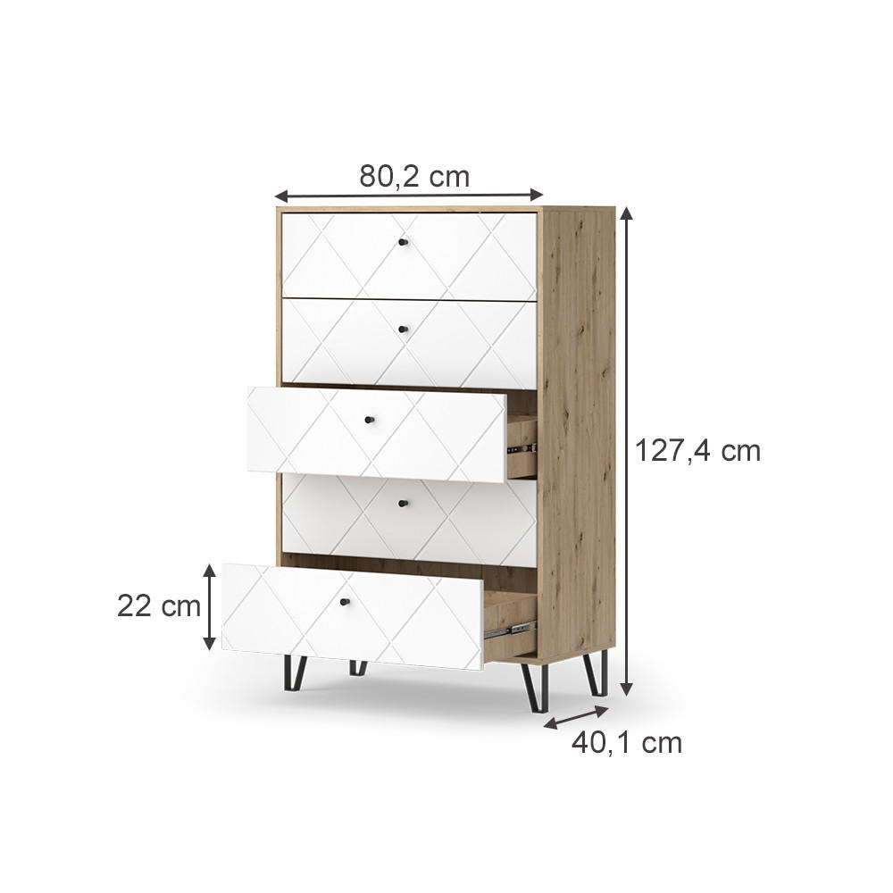KOMMODE Nizza Artisan/Weiß 80.2 x 127.4 cm mit 5 Schubladen - Eiche Artisan/Weiß, Holzwerkstoff (80.2/127.4/40.1cm) - Vicco