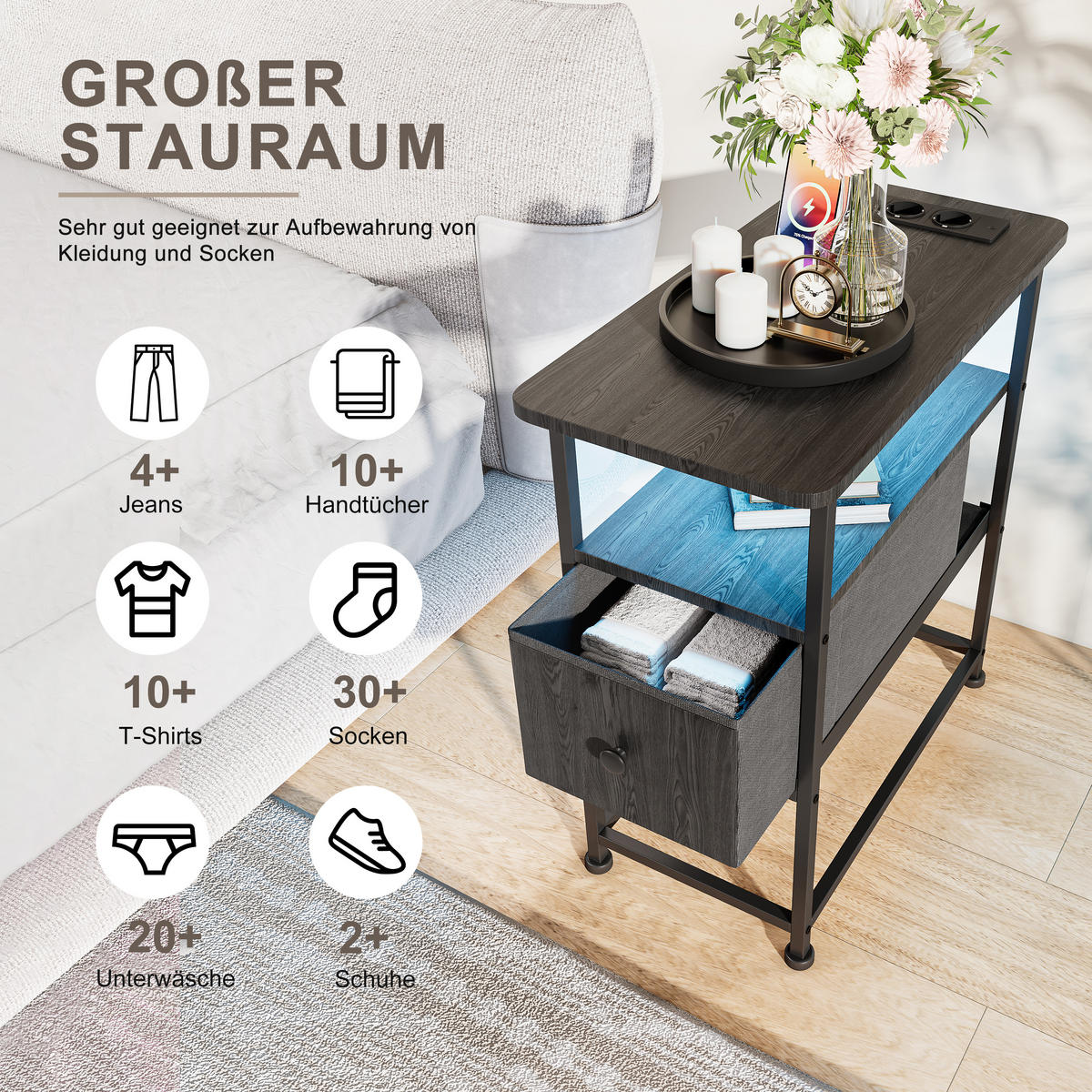 NATTDUKSBORD Svart LED USB 1 Låda - Svart, Metall (30/62/60cm) - SHOPENTRA