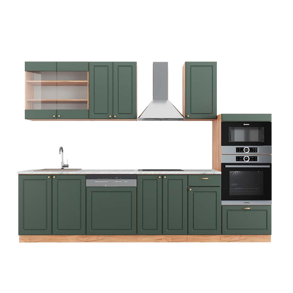 KÜCHENZEILE Fame-Line Grün-Gold Landhaus/Goldkraft Eiche 300 cm AP Marmor - Eiche Wotan/Grün, Holzwerkstoff (300/81.6/60cm) - Vicco