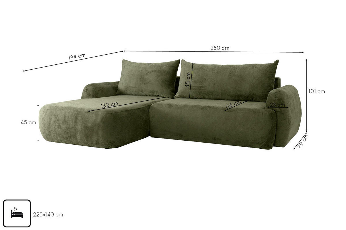 ECKSOFA Mit Schlaffunktion Und Bettkasten, Chenille-Stoff Perfecto, Grün, Links, HELA II - Grün, Holz (280/184cm) - Kaiser Möbel