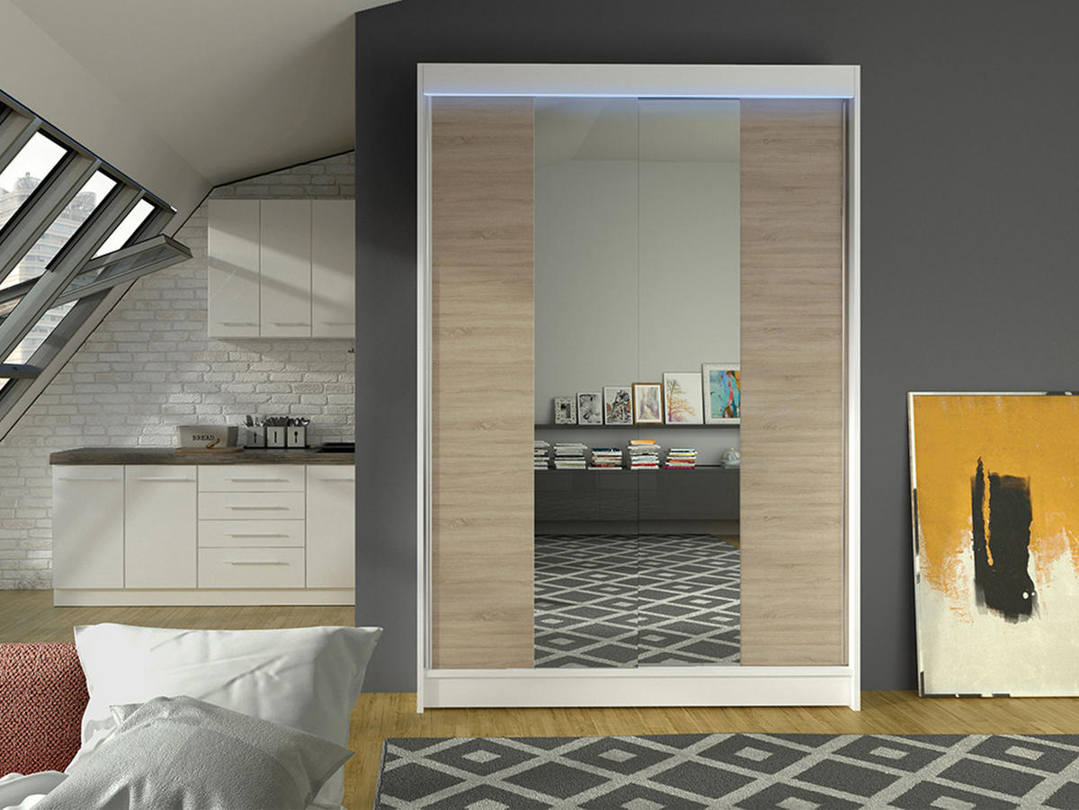 SCHWEBETÜRENSCHRANK Lino II mit RGB LED Beleuchtung - Weiß/Sonoma Eiche, Holzwerkstoff/Metall (120/200/58cm) - MIRJAN24