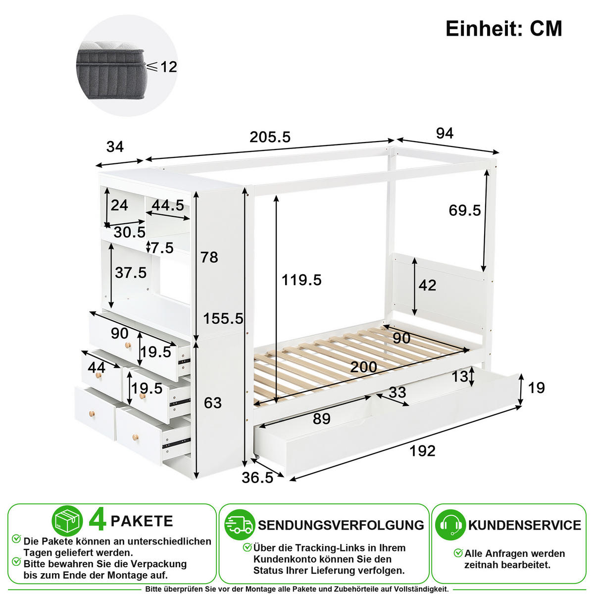 DĚTSKÁ POSTEL 90/200 cm v bílé barvě s úložným prostorem a psacím místem - bílá, dřevo/kompozitní dřevo (90/200cm) - CHICFURN