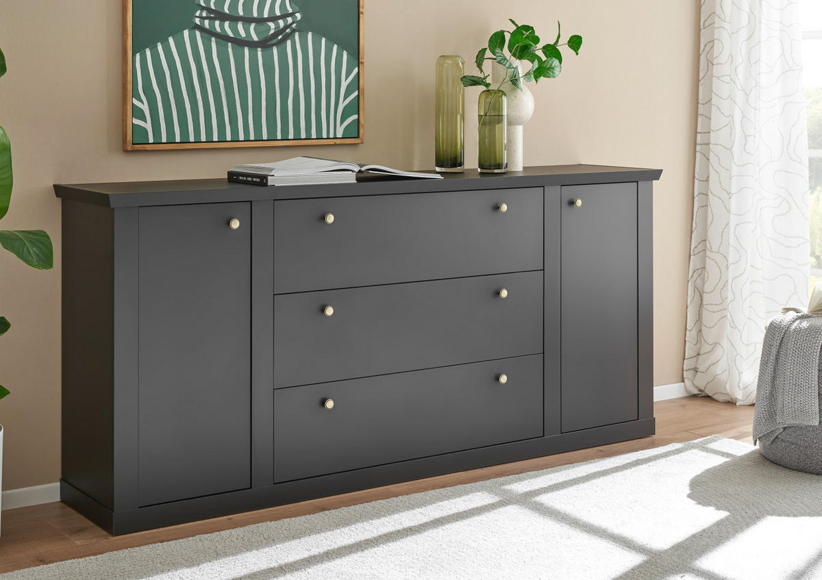 SIDEBOARD schwarz matt, Eiche Landhaus 205 cm, Kommode mit Soft-Close - Eichefarben/Messingfarben, Holzwerkstoff/Metall (205/92/42cm) - Furn.Design