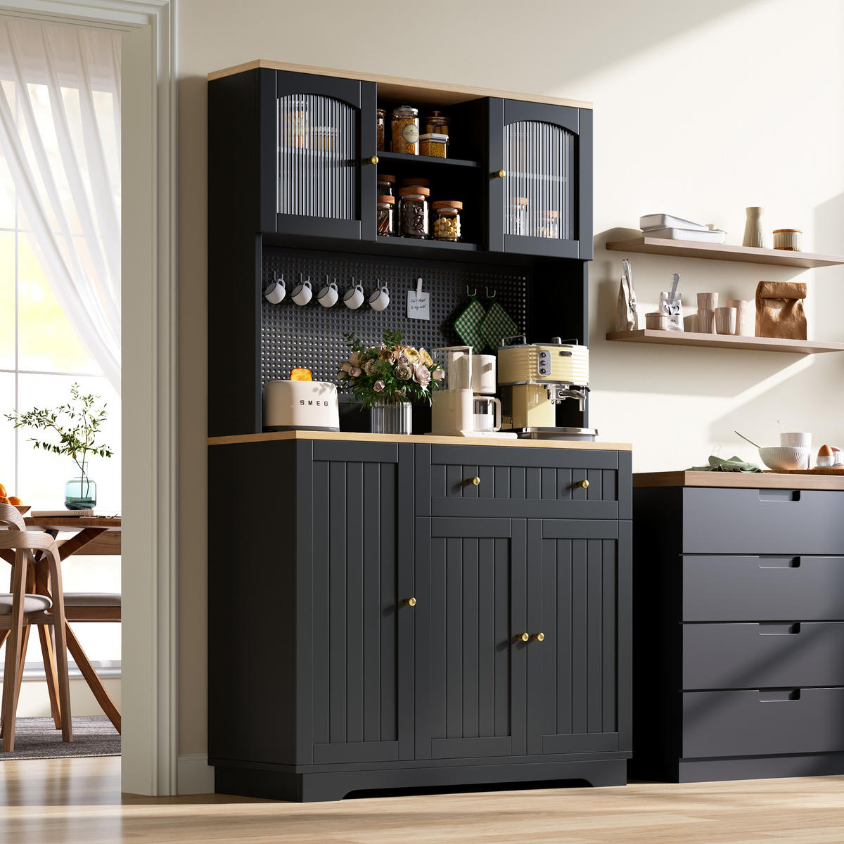 VITRINE 103.5x40x180cm Schwarz mit verstellbaren Böden - Schwarz, Holzwerkstoff (103.5/180/40cm) - FLIEKS
